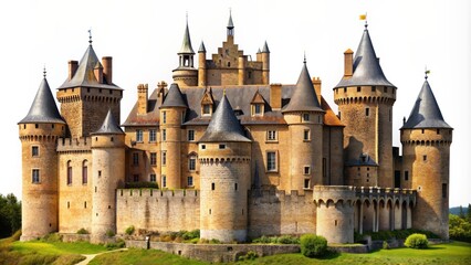 Fototapeta premium Magnificent medieval fortified castle with towers, battlements, and grandeur isolated on a pure white background, evoking mystery and elegance.