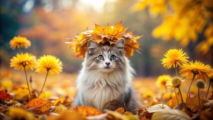 Fototapeta premium Whimsical, delicate feline adorned with vibrant yellow dandelion flowers and verdant foliage, posing in an idyllic autumn woodland setting.