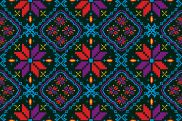 Pixel art flower on white and black background wallpaper oriental seamless pattern.ornament. Ethnic .decor style. geometric ornament. Vector seamless pattern. blanket, rug. Woven carpet fabric