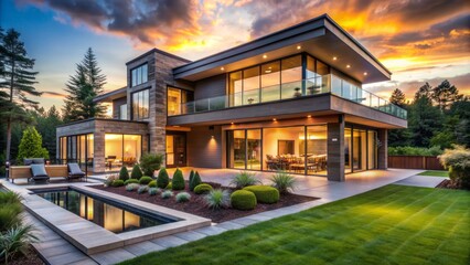 Obraz premium Modern luxury house exterior at sunset features large glass windows, expansive outdoor living space, and meticulously landscaped yard.