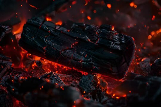 A closeup of smoldering embers and charred wood footage