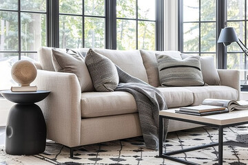 A sleek, modern sofa in neutral tones sits at the center of an elegant living room with large windows and stylish side tables. The couch is adorned with soft cushions and has black metal legs.