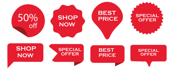 Set of vector red starburst, sunburst badges. Simple flat style vintage labels, stickers with sale discount text. Sale quality tags and labels. Template banner shopping badges