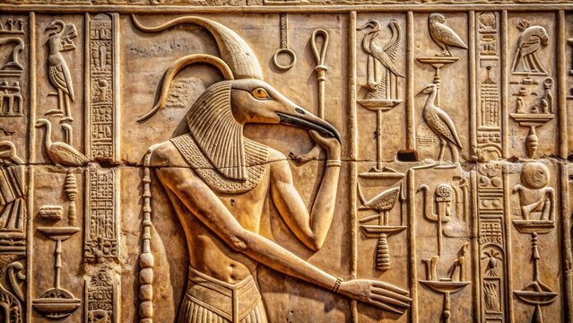 Ancient intricately carved Egyptian temple wall decoration featuring Ibis-headed god Thoth amidst hieroglyphics and ornate symbolic motifs.