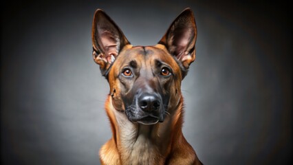 Obraz premium Isolated elegant canine Malinois breed dog with alert expression and erect ears posing on a gray studio background.