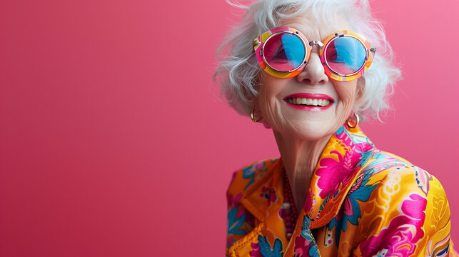 A joyful older woman with white hair wearing vibrant, colorful clothing and round sunglasses, smiling against a bright pink background. - Powered by Adobe