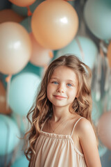 Naklejka premium A young girl smiling surrounded by pastel-colored balloons in a cheerful setting