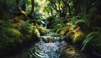 Close up of water flowing in a calm river in a lovely garden
