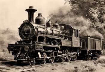 Naklejka premium locomotive illustration from 1908 antique engraved brockhaus konversations collage lexikon train tram railway truck agriculture transport vintage