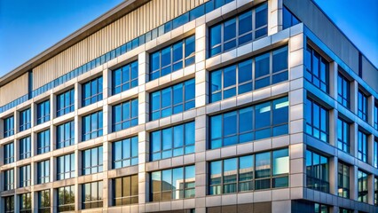 Fototapeta premium Modern multinational building facade featuring rectangular double windows with subtle reflection of clear blue sky and sleek architectural design.