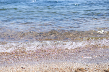 a foamy sea wave hits the shore with shells