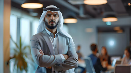 Obraz premium Business Startups: An Arab entrepreneur pitching a startup idea to potential investors in a sleek office, focusing on market disruption and innovation
