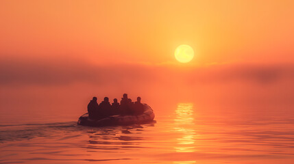 Refugees arriving on shore at sunrise in an inflatable boat - no identifiable individuals. Concept refugee crisis