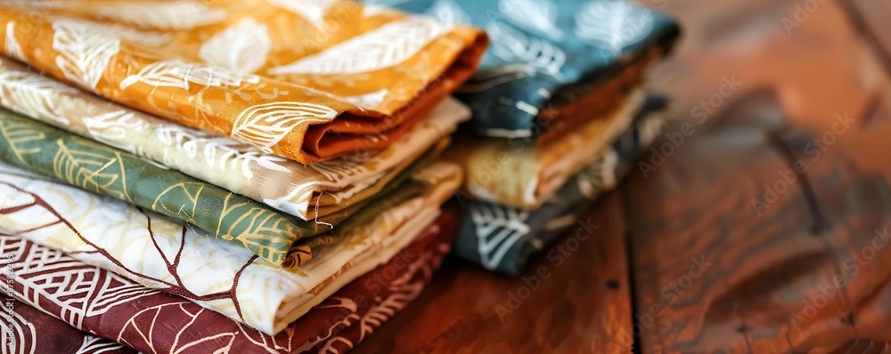 Fototapete selection of thanksgiving-themed table napkins with leaf patterns neatly arranged on wooden table.