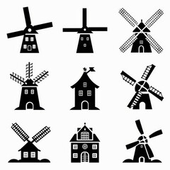 Windmill mill icon, rural countryside mill symbol, wind mill building emblem on white background