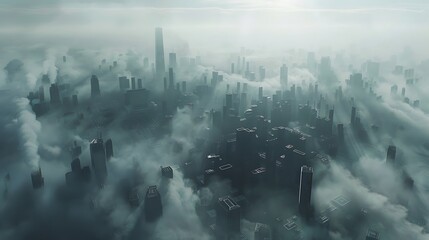 A city nearly hidden by emissions fog and blue smog very detailed and realistic shape