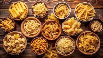 Assortment of uncooked pasta variations arranged in separate bowls on a warm brown background, showcasing different shapes and textures.