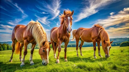 Obraz premium Three majestic young horses with shiny coats graze peacefully in a lush green pasture on a sunny day.