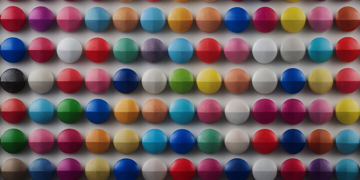 Bunte geometrische Halbkugeln in Reihen, die eine lebendige, moderne Komposition aus Rot-, Blau-, Gr&uuml;n-, Gelb-, Rosa- und Violettt&ouml;nen in einer dreidimensionalen, optischen Struktur bilden