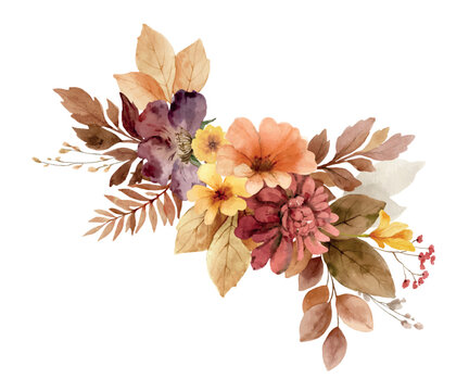 Autumn floral illustration clipart. Fall vector bouquet. Burnt orange, burgundy and terracotta flowers for rustic wedding design, greeting cards, thanksgiving decoration.