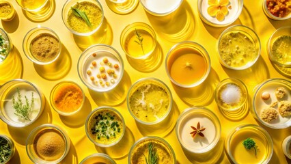 Assorted array of skincare samples in petri dishes cast a shadow on a vibrant yellow background, showcasing various formulas.