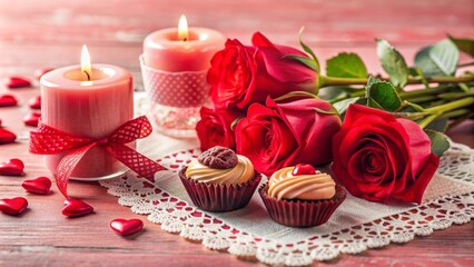 Heart-shaped balloon bouquet tied with satin ribbon against pastel pink and white polka-dot background, surrounded by delicate lace.
