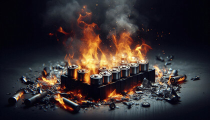 Lithium batteries on fire on dark background, Concept Lithium Battery Hazards, Explosion Risks, Thermal Runaway, Fire Safety, Burn Prevention