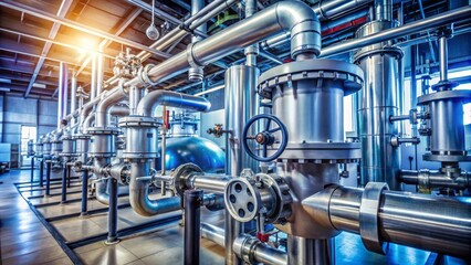 Industrial operating hall interior with metal pipes, valves, and machinery, featuring a prominent hydrogen tank with valve regulator.