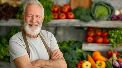 A cheerful elderly man with a white beard stands proudly amidst a vibrant array of fresh vegetables, radiating warmth and health.