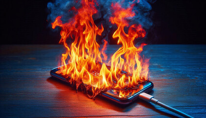 Mobile phone battery overheated burning flames. Smartphone on fire. Burning smartphone with bad battery exploded or overloaded processor