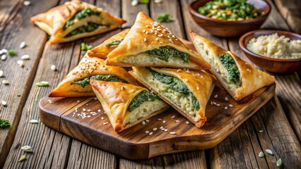 Golden-crusted traditional Greek pastry triangles overflowing with a vibrant green spinach and crumbly white feta cheese savory filling.