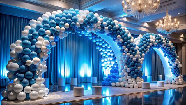 Vibrant blue dual stages adorned with majestic balloon arches, surrounded by sleek modern curves and sophisticated lighting, exuding grandeur and luxury.