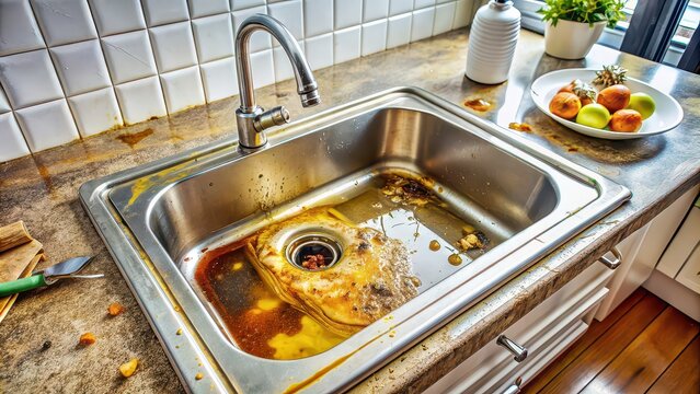 Kitchen sink clogged with old cooking oil, causing a messy and frustrating situation, waste, oil, clog, kitchen, dirty