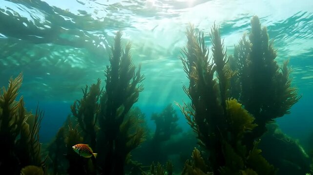 Underwater marine landscape with sun rays and seaweed