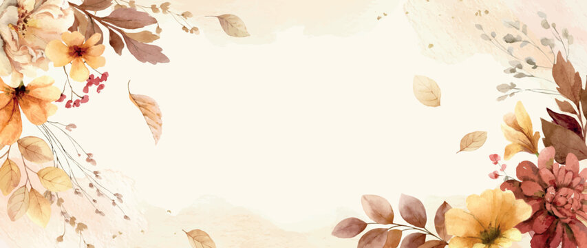 Autumn watercolor horizontal banner. Thanksgiving and Harvest Day. Fall leaves and flowers border. Composition for greeting cards, wedding invitations and decorations. Vector illustration.