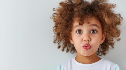 Fototapeta premium A young girl with curly hair is looking at the camera with a big smile on her face. She has a pink lip and is wearing a blue shirt