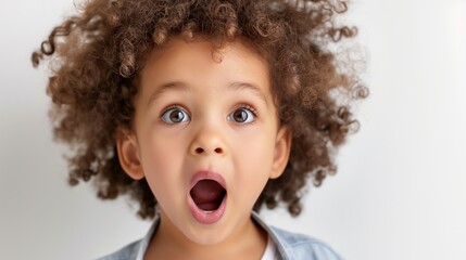 A young child with brown hair and brown eyes is wide open with his mouth wide open. The child's expression is one of surprise or shock