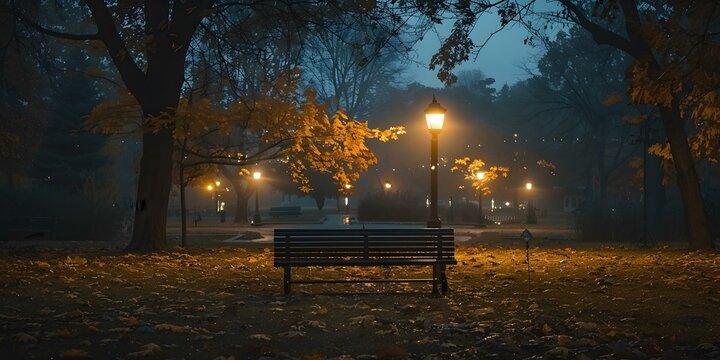 A lonely bench in a park at night with a lamp post in the background