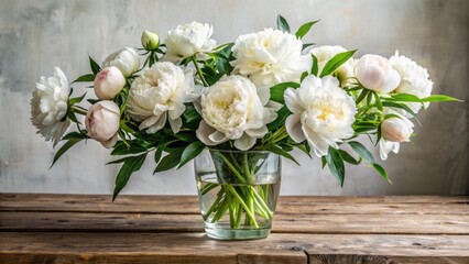Elegant glass vase overflowing with fresh white peonies and greenery against a clean white background on a wooden table.