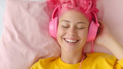 A woman with pink hair is wearing pink headphones and smiling. She is laying on a bed with a pink pillow