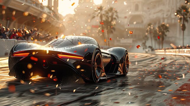 An electric car participating in a race, with futuristic lines and dynamic motion blur, captured at the moment it crosses the finish line, with confetti flying and spectators in the background.