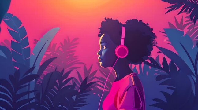 Background music, lofi anime girl headphones standing alone in the room with city night lights in the background, illustration lofi hip hop music