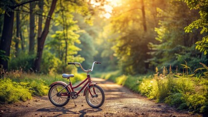 Fototapeta premium Old bicycle with training wheels deserted on an empty road surrounded by greenery conveying learning and childhood nostalgia atmosphere.
