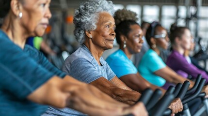 Group of Elderly African Women Participating in Fitness Class at Gym