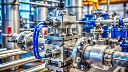 High-pressure hydraulic reducer valve with intricate mechanical components and tubing, mounted on a metallic framework, in a industrial setting.