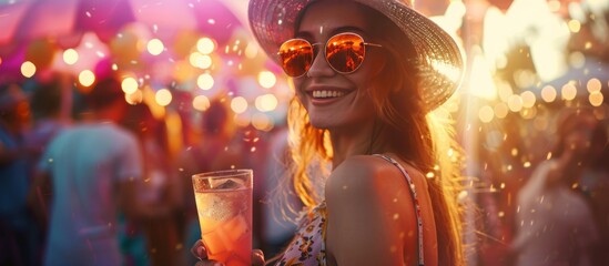 young woman or girl smiling at summer festival