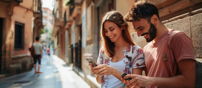 young couple traveling in summer looking at mobile phones on the street