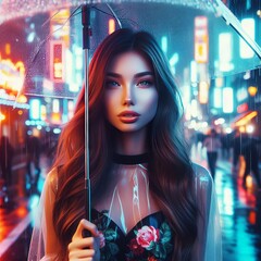 Obraz premium a girl walking down the street in neon lights. 