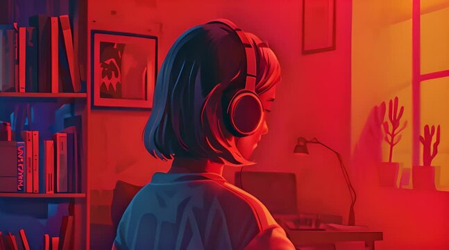 Background music, lofi anime girl headphones standing alone in the room with city night lights in the background, illustration lofi hip hop music