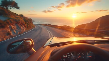An electric car with advanced autopilot features, driving on a scenic coastal road, with the driver enjoying the view hands-free, the dashboard showing autopilot controls,